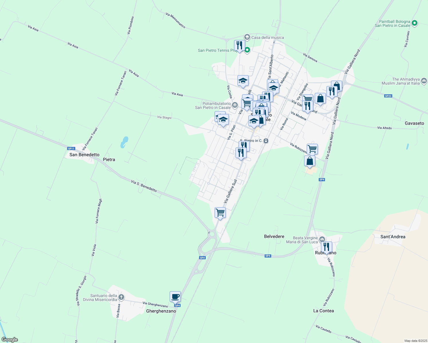 map of restaurants, bars, coffee shops, grocery stores, and more near 166 Via Generale Enrico Riziero Galvaligi in San Pietro In Casale