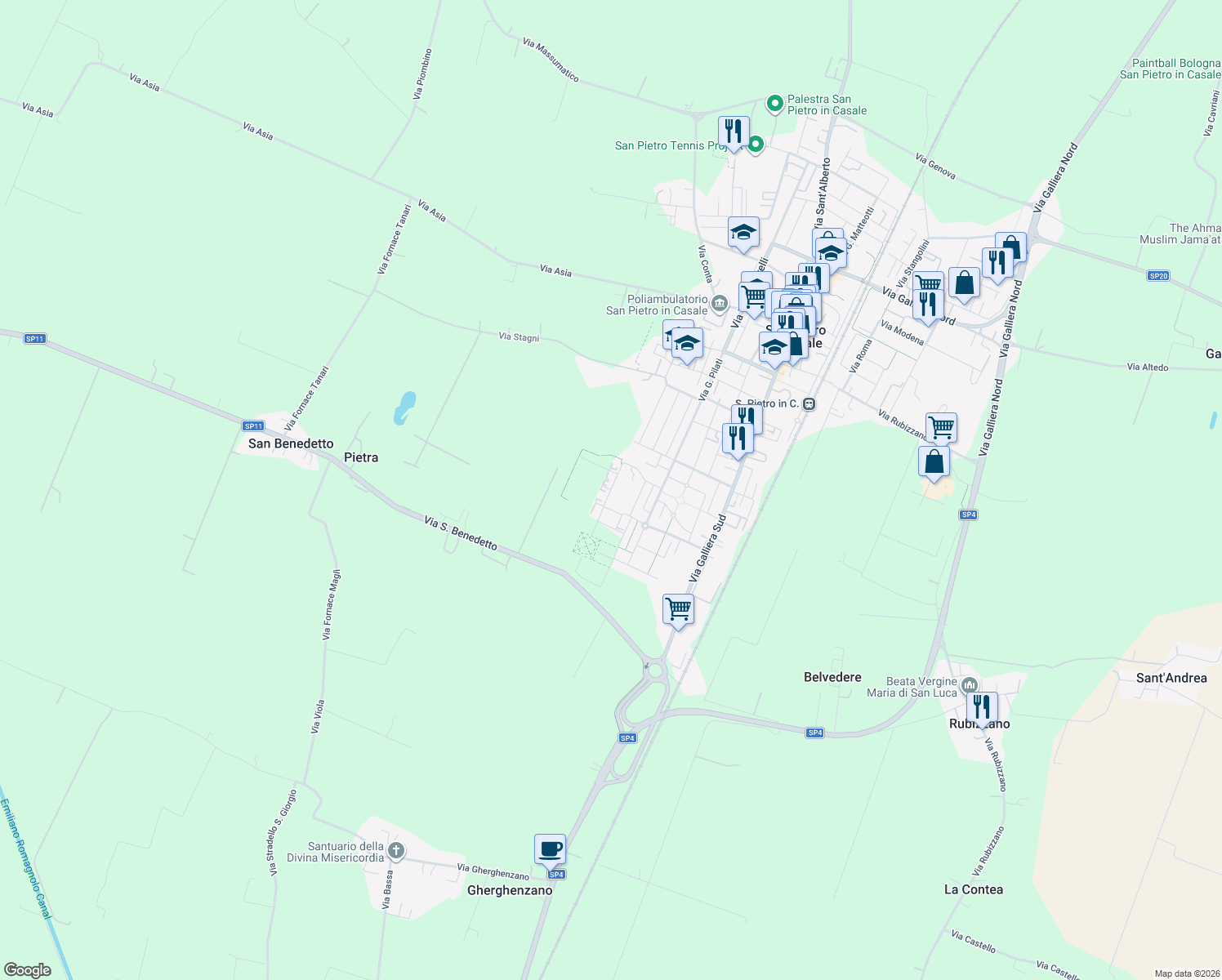 map of restaurants, bars, coffee shops, grocery stores, and more near 92 Via Carlo Alberto Dalla Chiesa in Città Metropolitana di Bologna