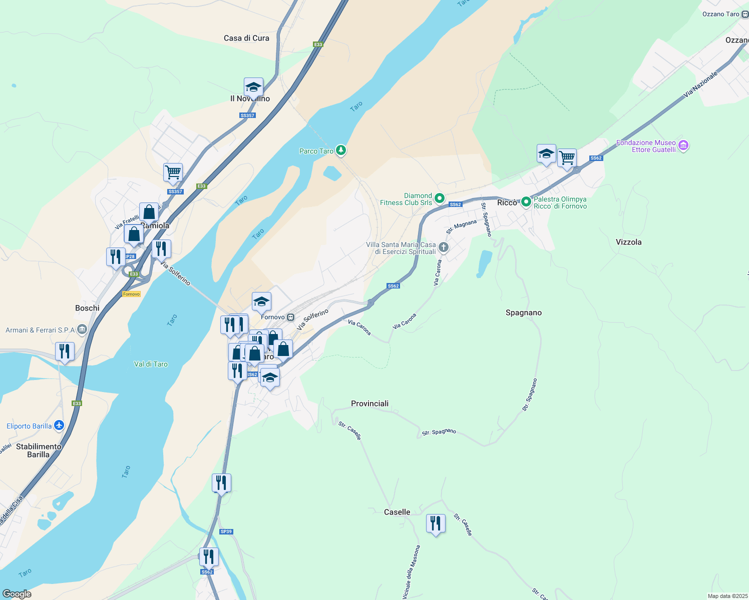 map of restaurants, bars, coffee shops, grocery stores, and more near 7 Via Nazionale in Fornovo di Taro