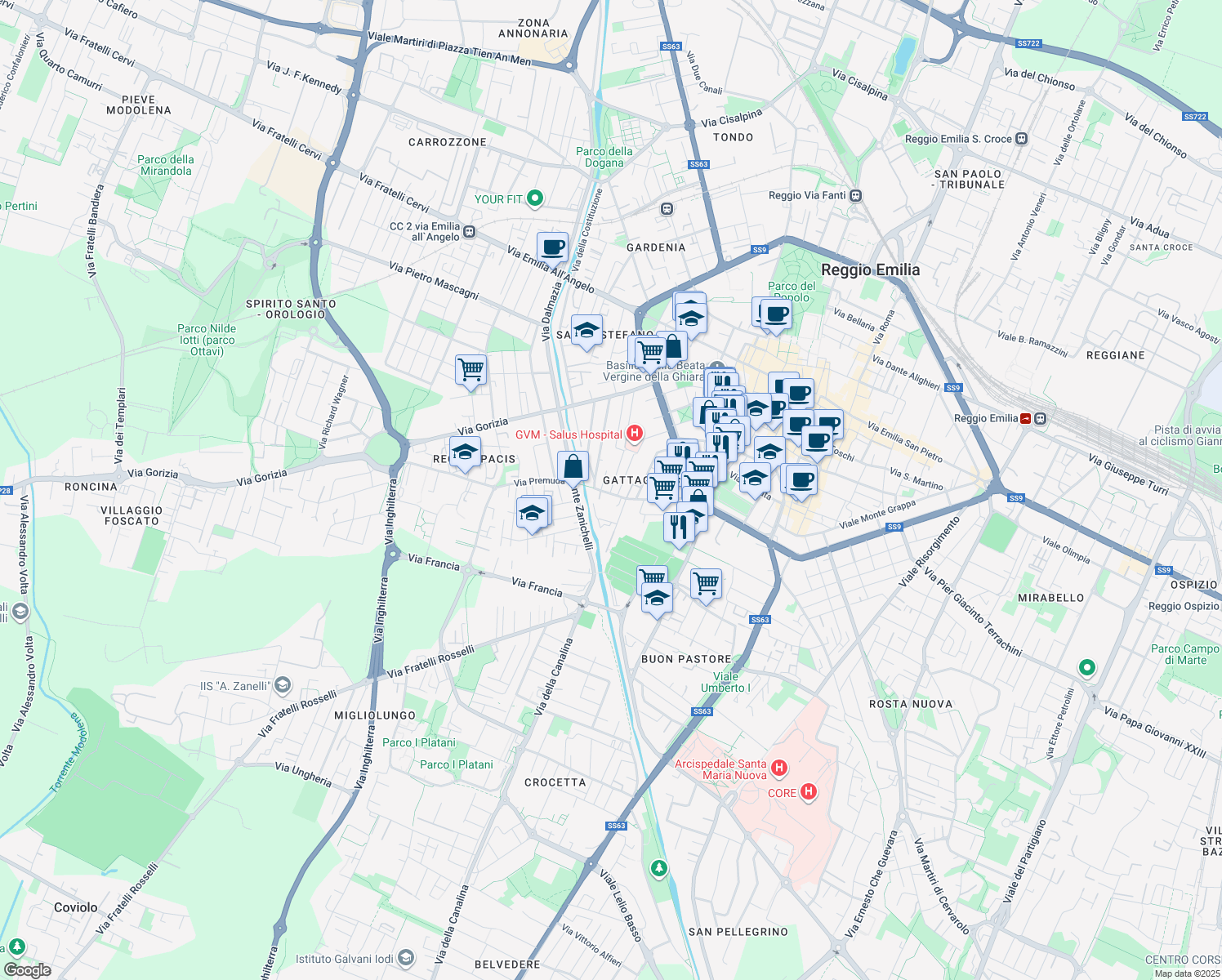 map of restaurants, bars, coffee shops, grocery stores, and more near 7-11 Via Curtatone in Reggio Emilia