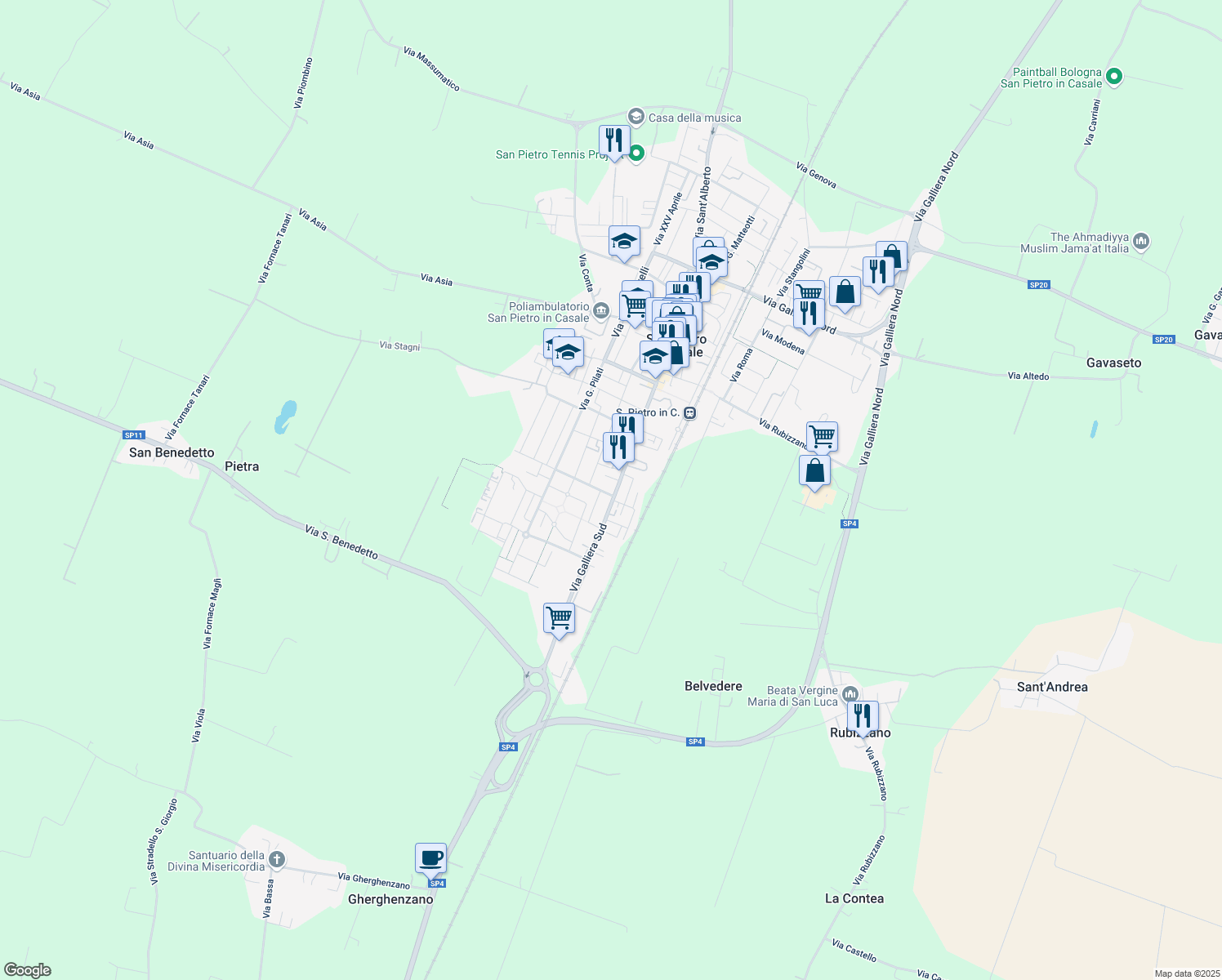 map of restaurants, bars, coffee shops, grocery stores, and more near 55 via Balilla Magli in San Pietro In Casale