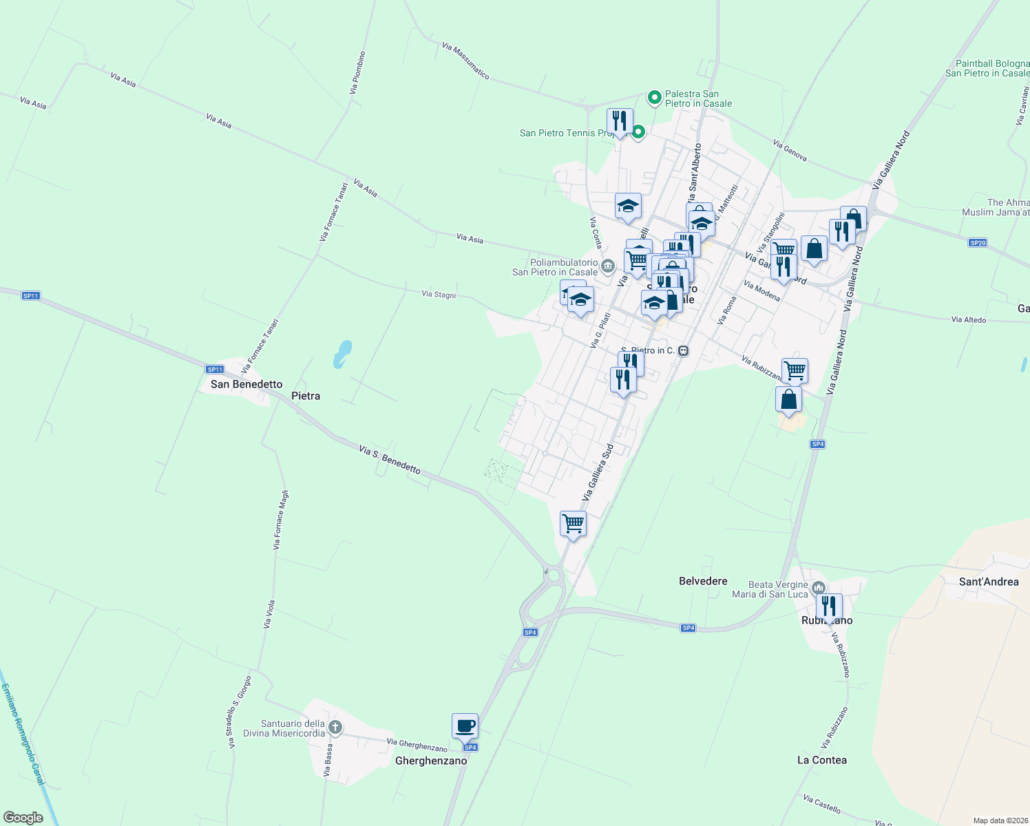 map of restaurants, bars, coffee shops, grocery stores, and more near 92 Via Carlo Alberto Dalla Chiesa in Città Metropolitana di Bologna