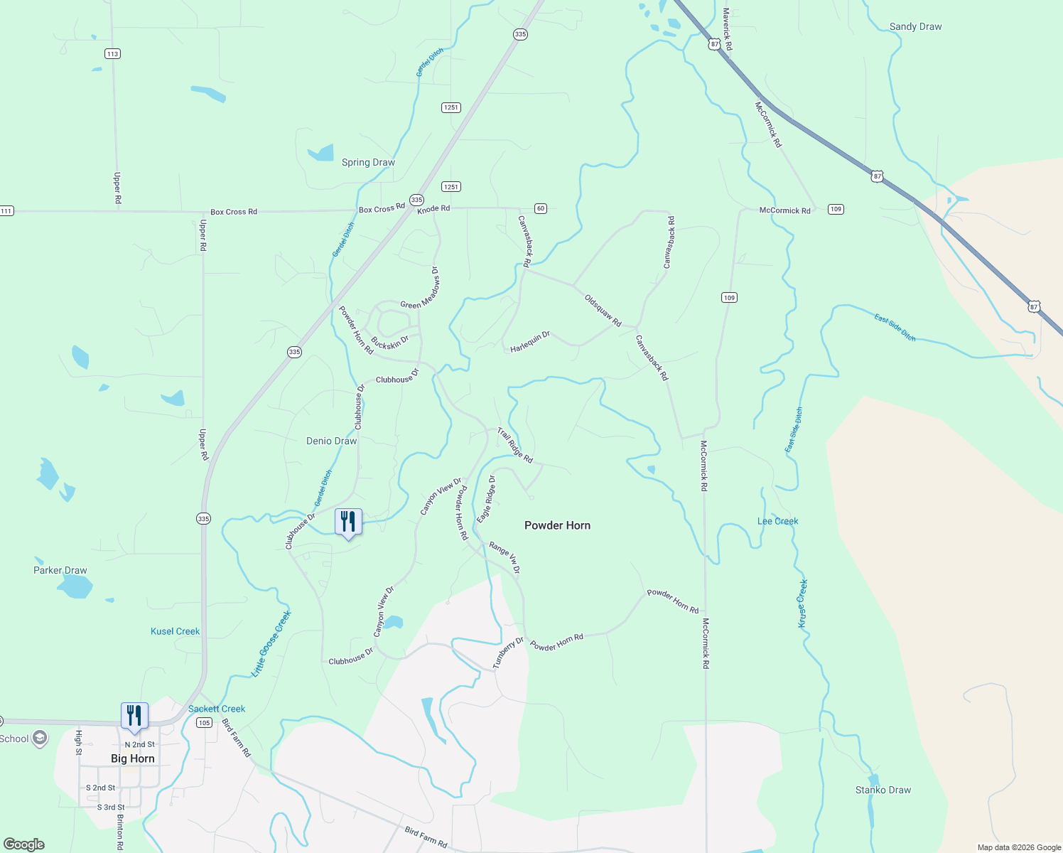 map of restaurants, bars, coffee shops, grocery stores, and more near 13 Deer Haven Dr in Sheridan