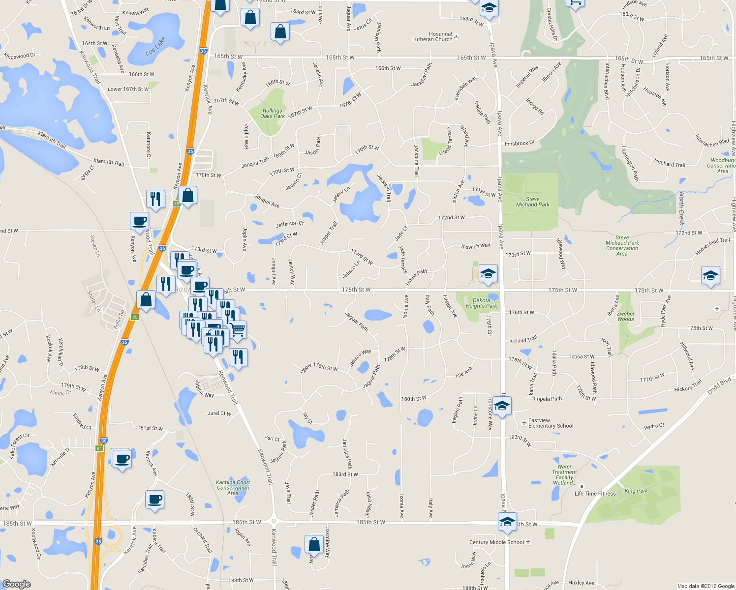 map of restaurants, bars, coffee shops, grocery stores, and more near 17515 Jacobite Court in Lakeville