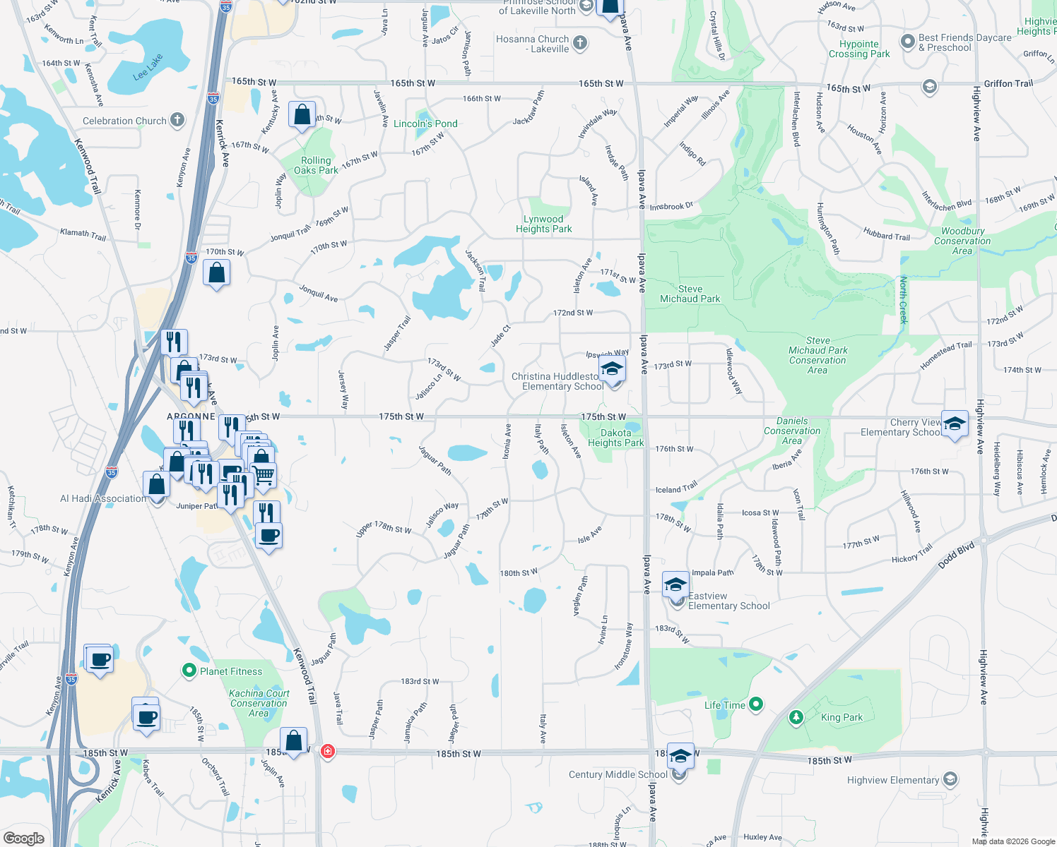 map of restaurants, bars, coffee shops, grocery stores, and more near 17525 Italy Path in Lakeville