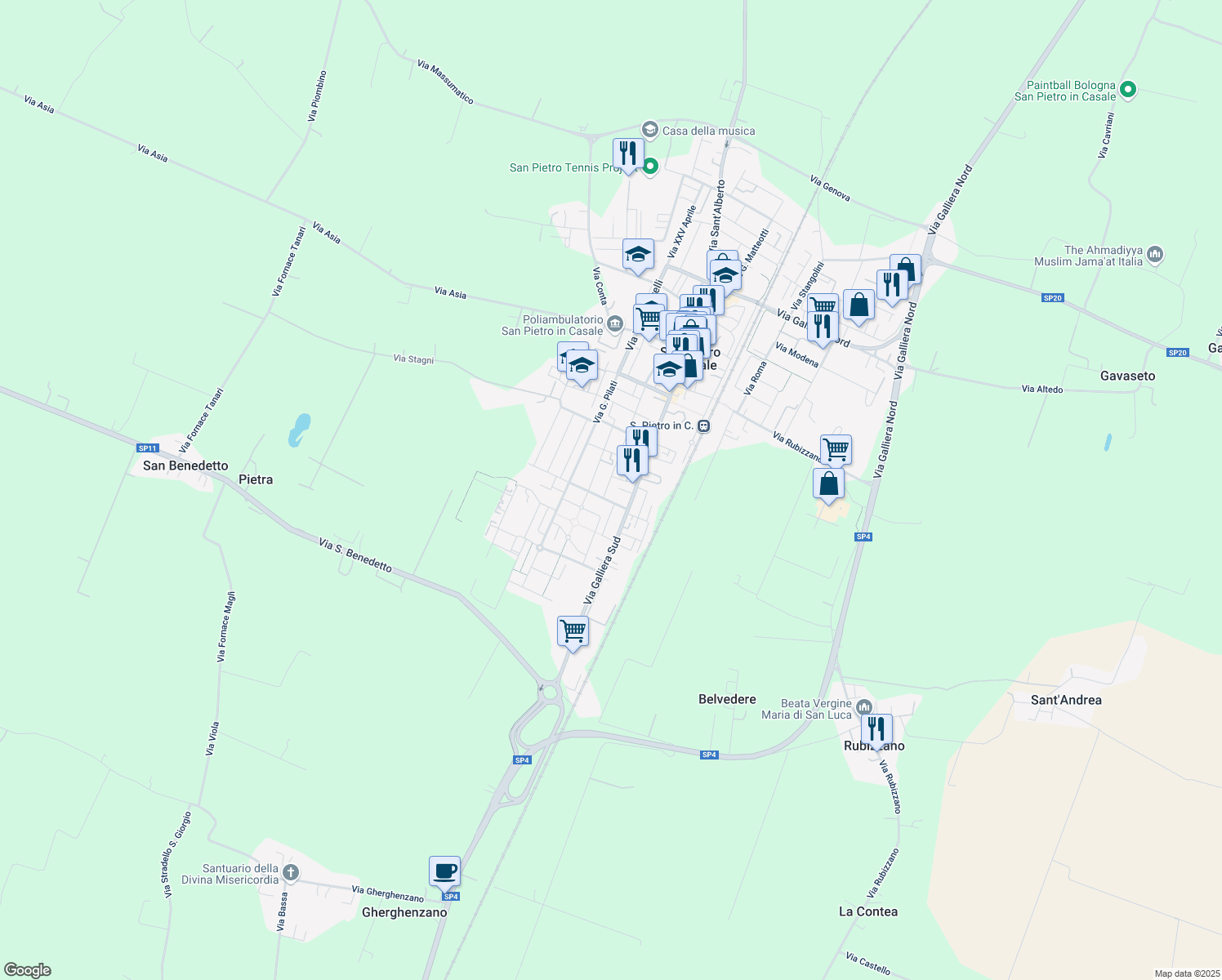 map of restaurants, bars, coffee shops, grocery stores, and more near 55 via Balilla Magli in San Pietro In Casale