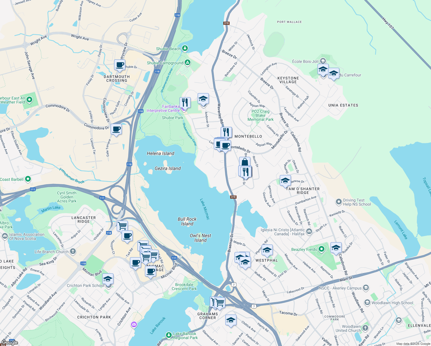 map of restaurants, bars, coffee shops, grocery stores, and more near 19 Boutiliers Lane in Dartmouth
