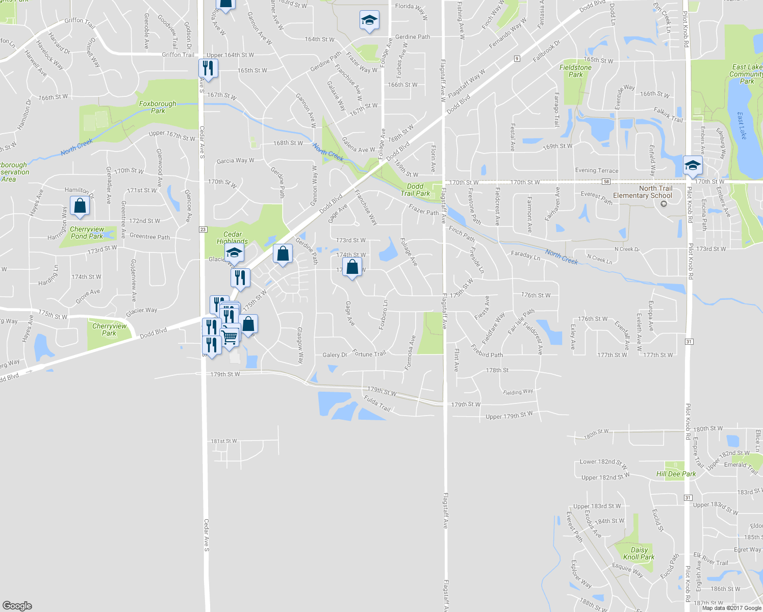 map of restaurants, bars, coffee shops, grocery stores, and more near 17569 Foxboro Lane in Farmington