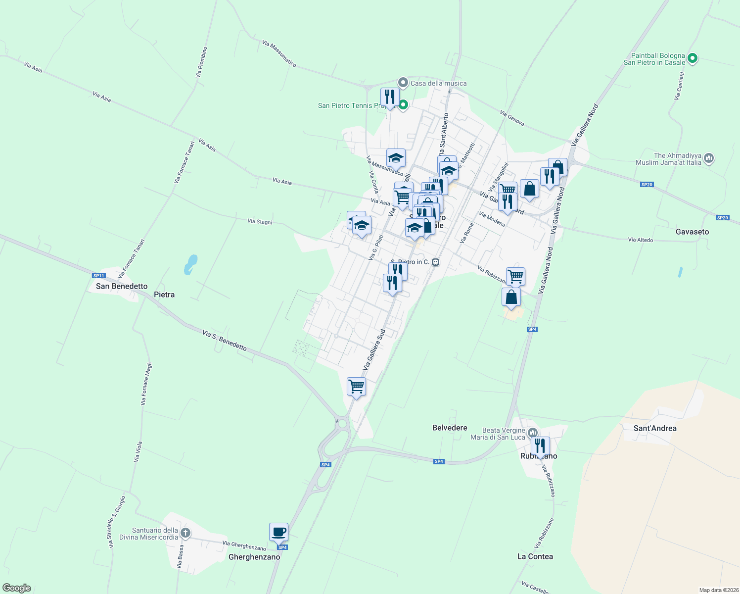 map of restaurants, bars, coffee shops, grocery stores, and more near 102 Via Sandro Pertini in San Pietro In Casale