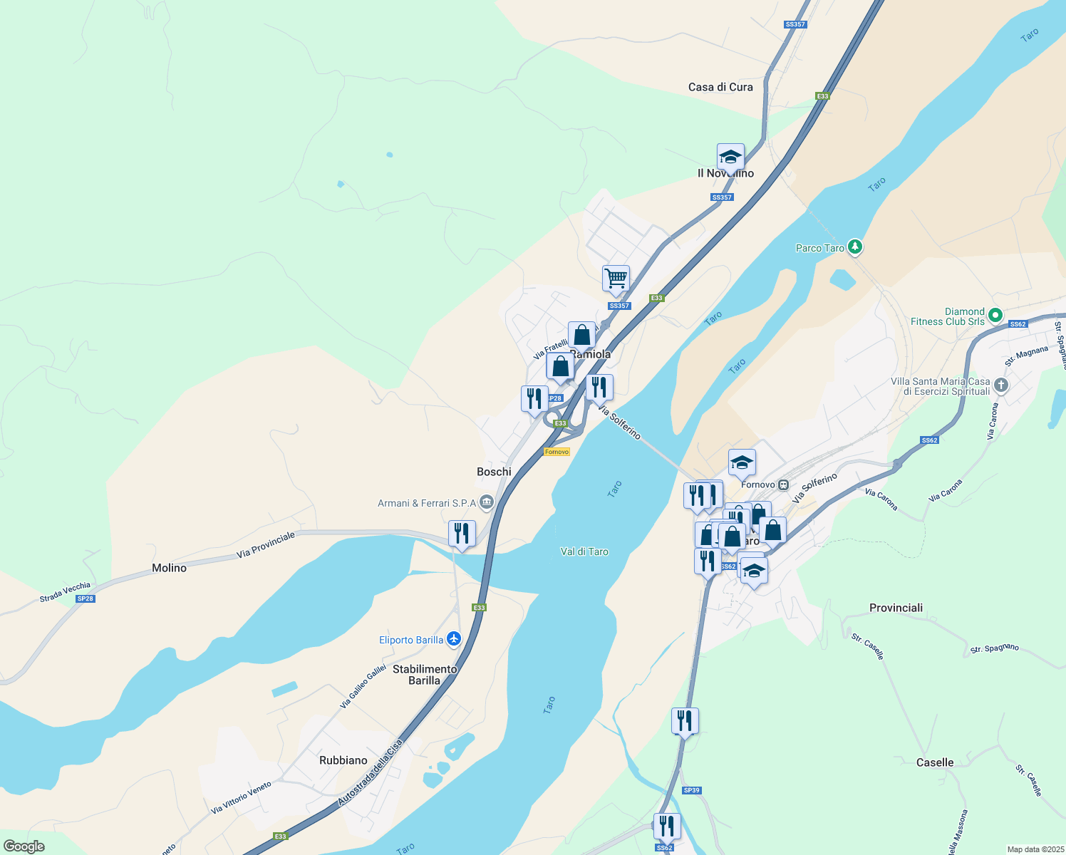 map of restaurants, bars, coffee shops, grocery stores, and more near A15 - Autostrada della Cisa in Ramiola