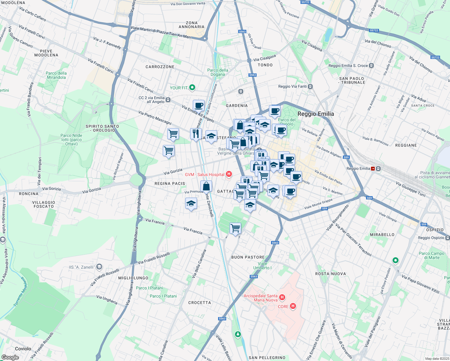 map of restaurants, bars, coffee shops, grocery stores, and more near 7 Via Curtatone in Reggio Emilia