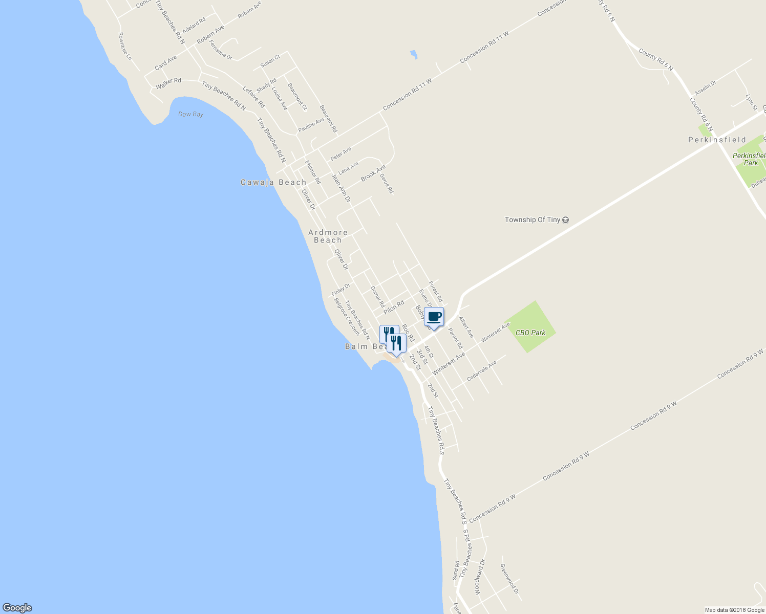 map of restaurants, bars, coffee shops, grocery stores, and more near 35 Arbor Road in Simcoe County