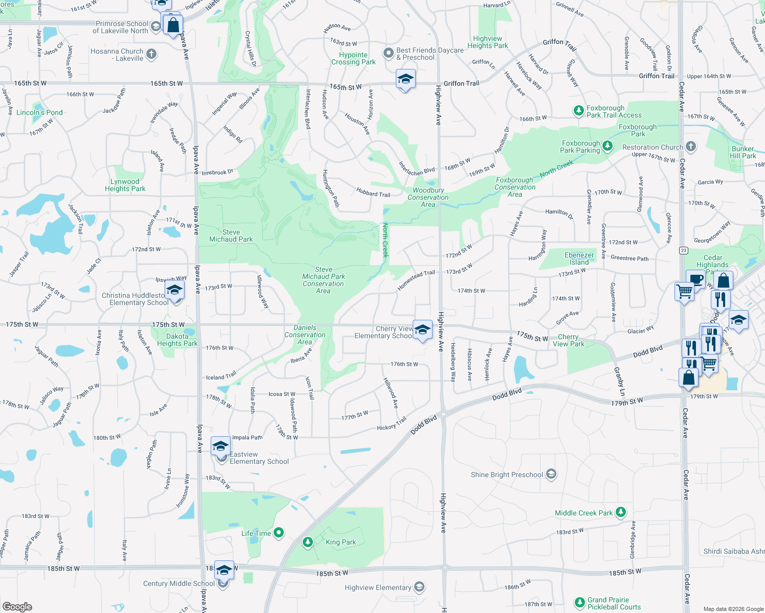 map of restaurants, bars, coffee shops, grocery stores, and more near 17432 Hummingbird Avenue in Lakeville