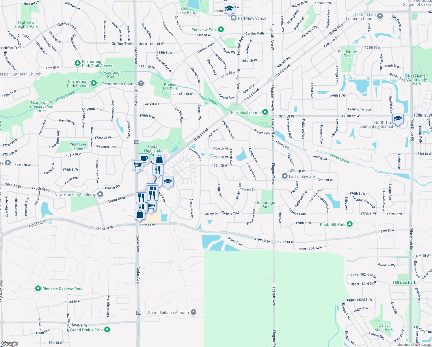 map of restaurants, bars, coffee shops, grocery stores, and more near 17520 Gage Avenue in Farmington