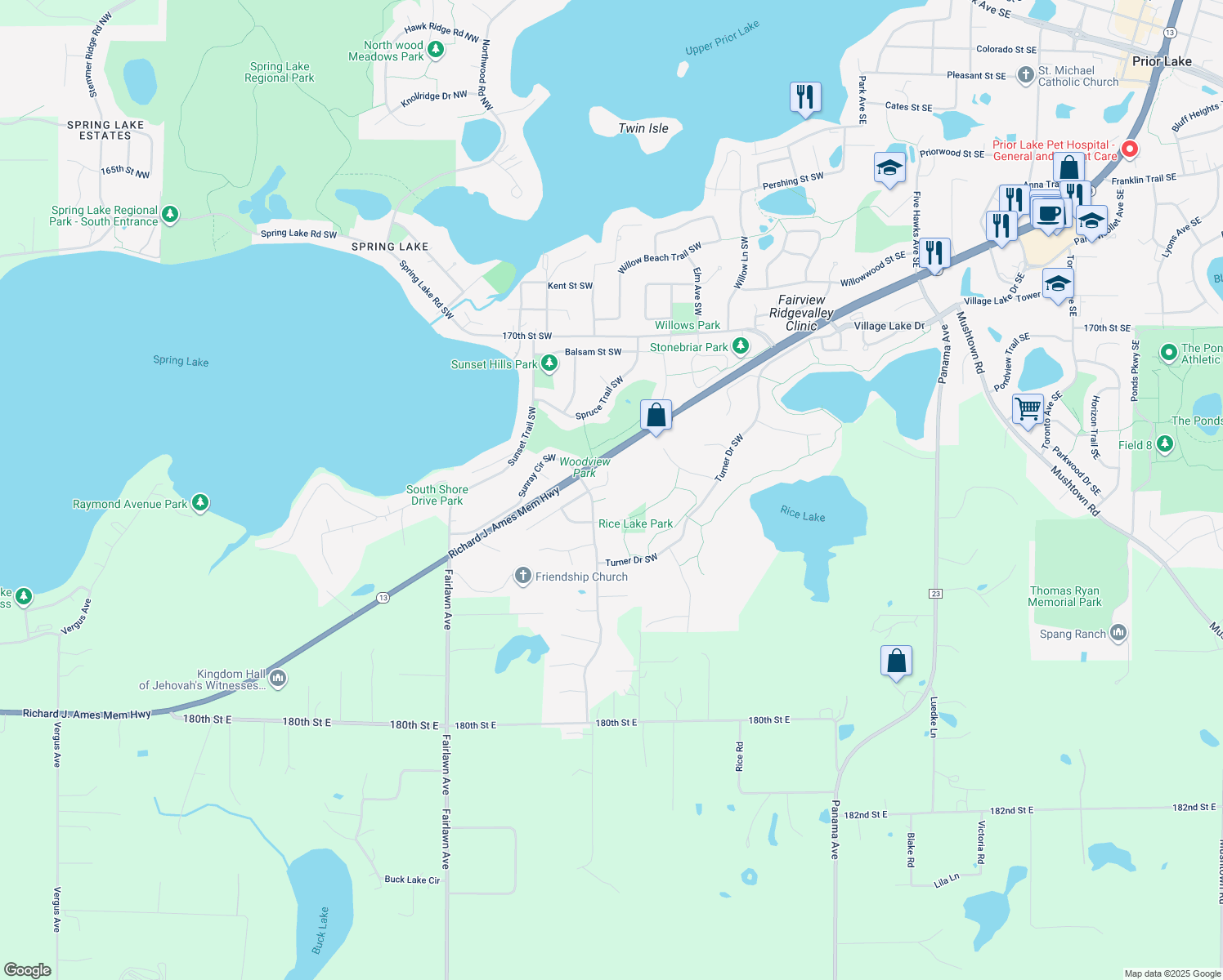 map of restaurants, bars, coffee shops, grocery stores, and more near 3385 Griggs Street Southwest in Prior Lake