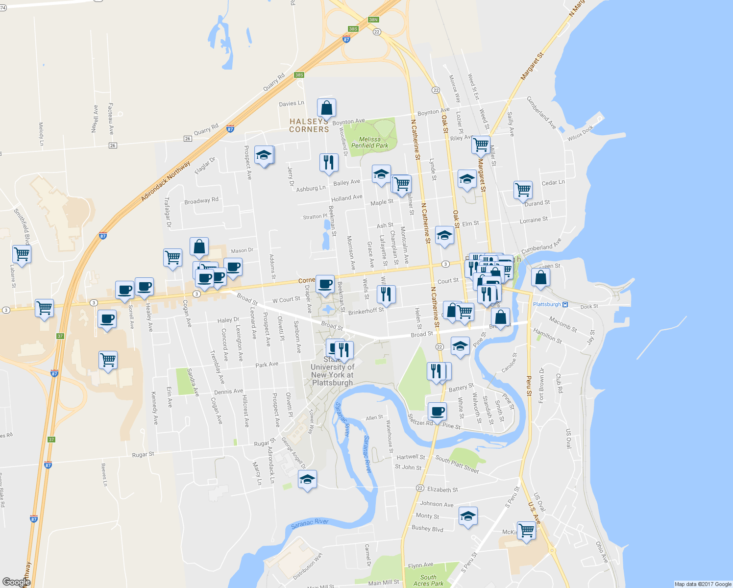 map of restaurants, bars, coffee shops, grocery stores, and more near 5 Wells Street in Plattsburgh