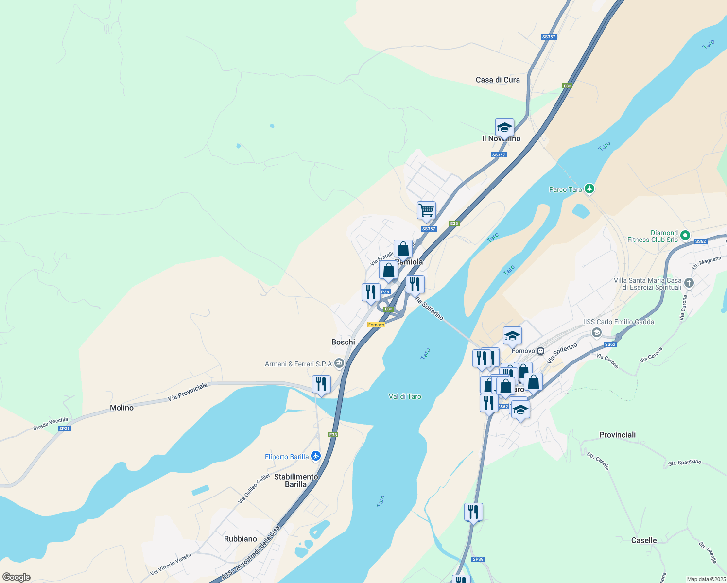 map of restaurants, bars, coffee shops, grocery stores, and more near 7 Via Nando Pesci in Ramiola