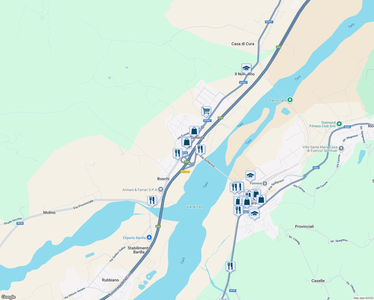 map of restaurants, bars, coffee shops, grocery stores, and more near 68 SS357 in Felegara