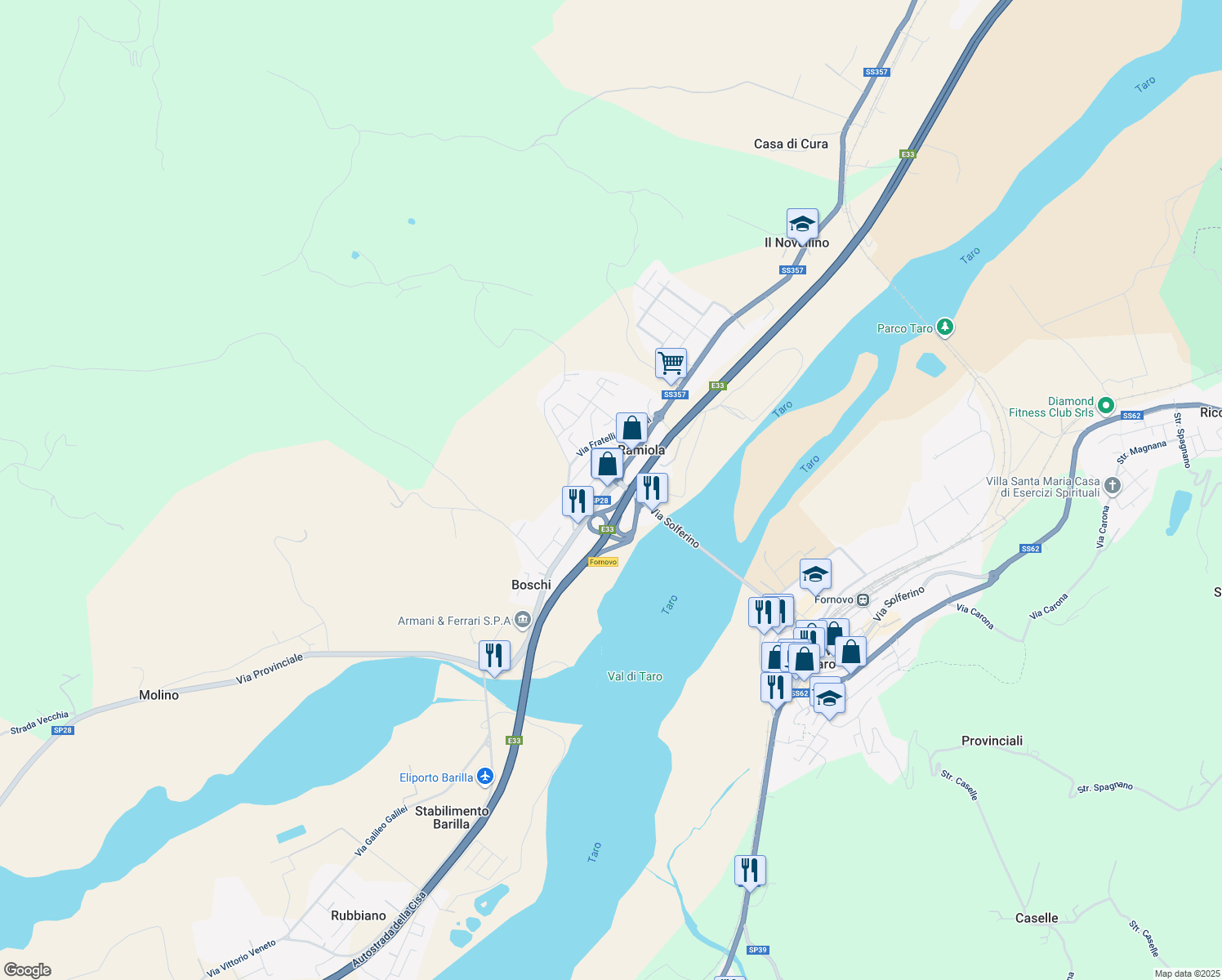 map of restaurants, bars, coffee shops, grocery stores, and more near 68 Strada Statale 357 in Ramiola