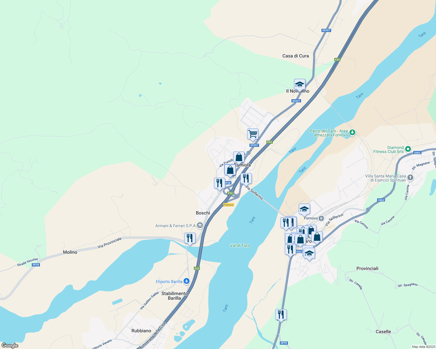 map of restaurants, bars, coffee shops, grocery stores, and more near 1 Via Francesco Baracca in Ramiola