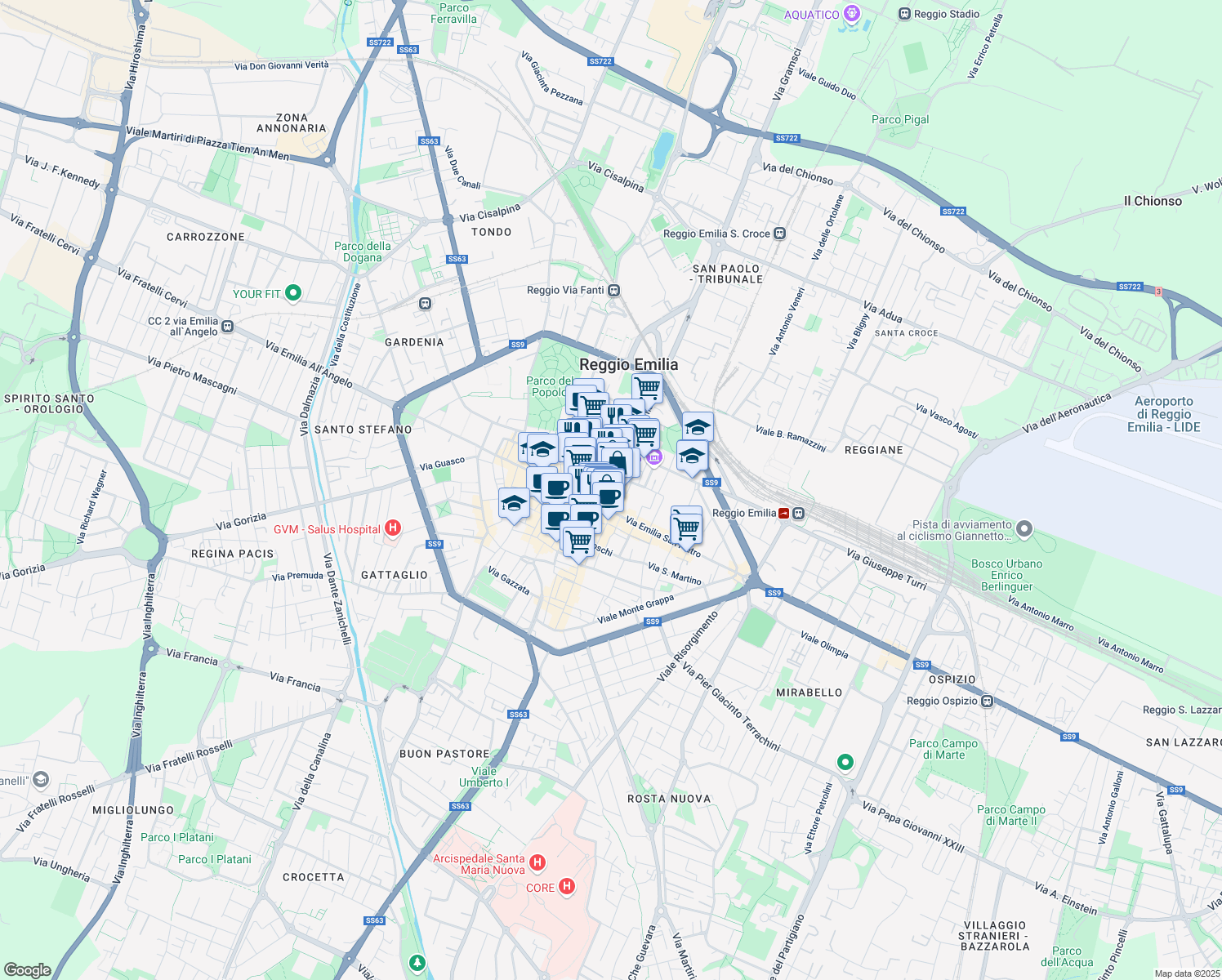 map of restaurants, bars, coffee shops, grocery stores, and more near 6 Via Roma in Reggio Emilia