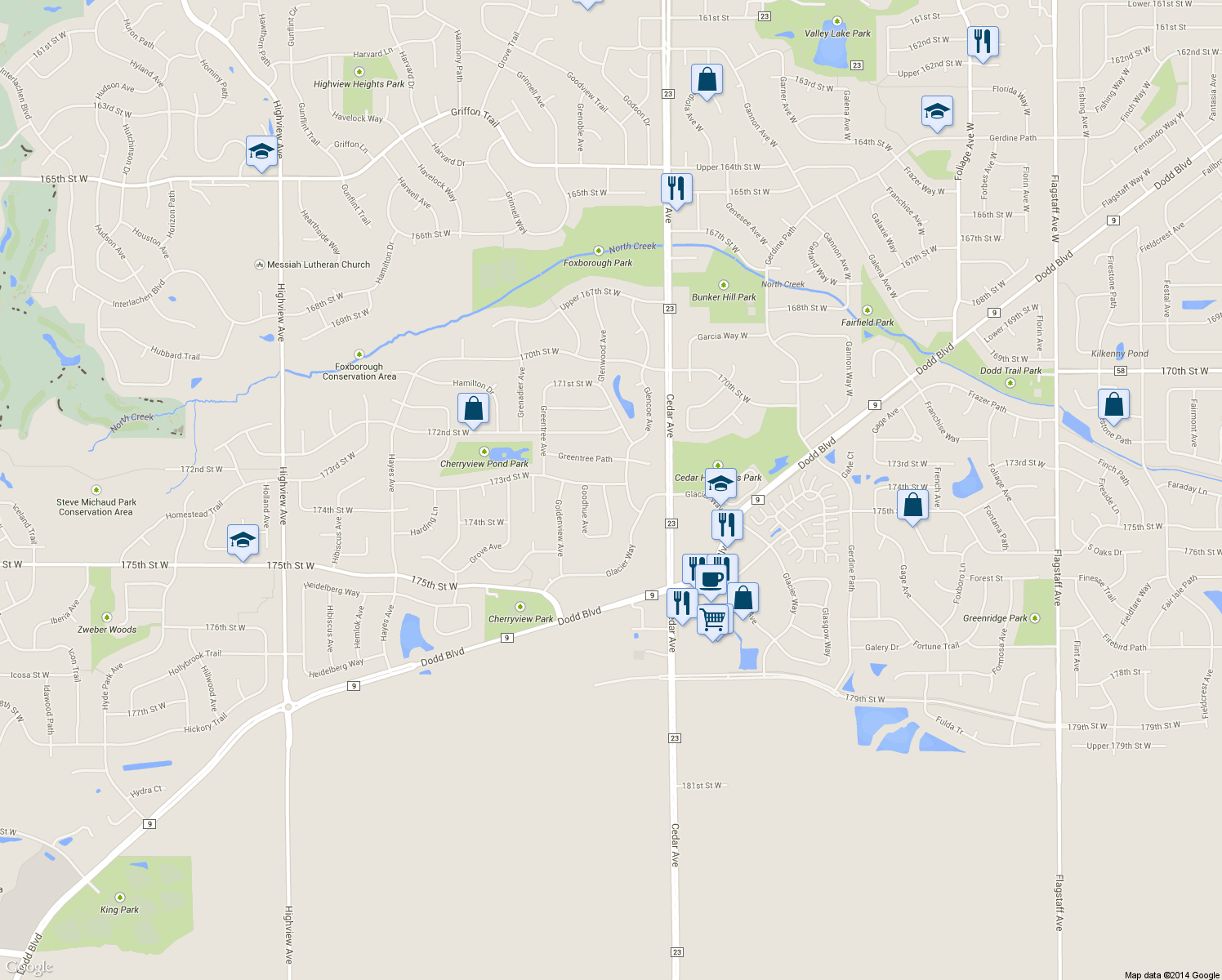 map of restaurants, bars, coffee shops, grocery stores, and more near 17306 Goldenrod Avenue in Lakeville