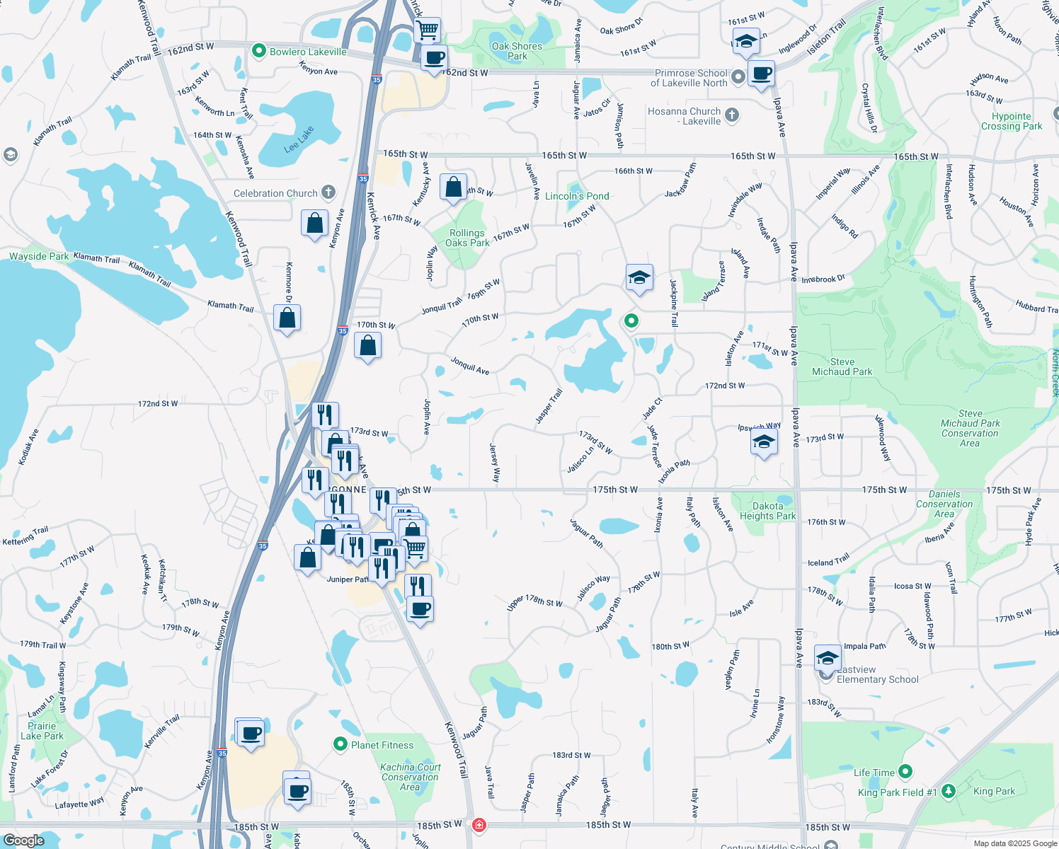 map of restaurants, bars, coffee shops, grocery stores, and more near 17285 Jasper Trail in Lakeville