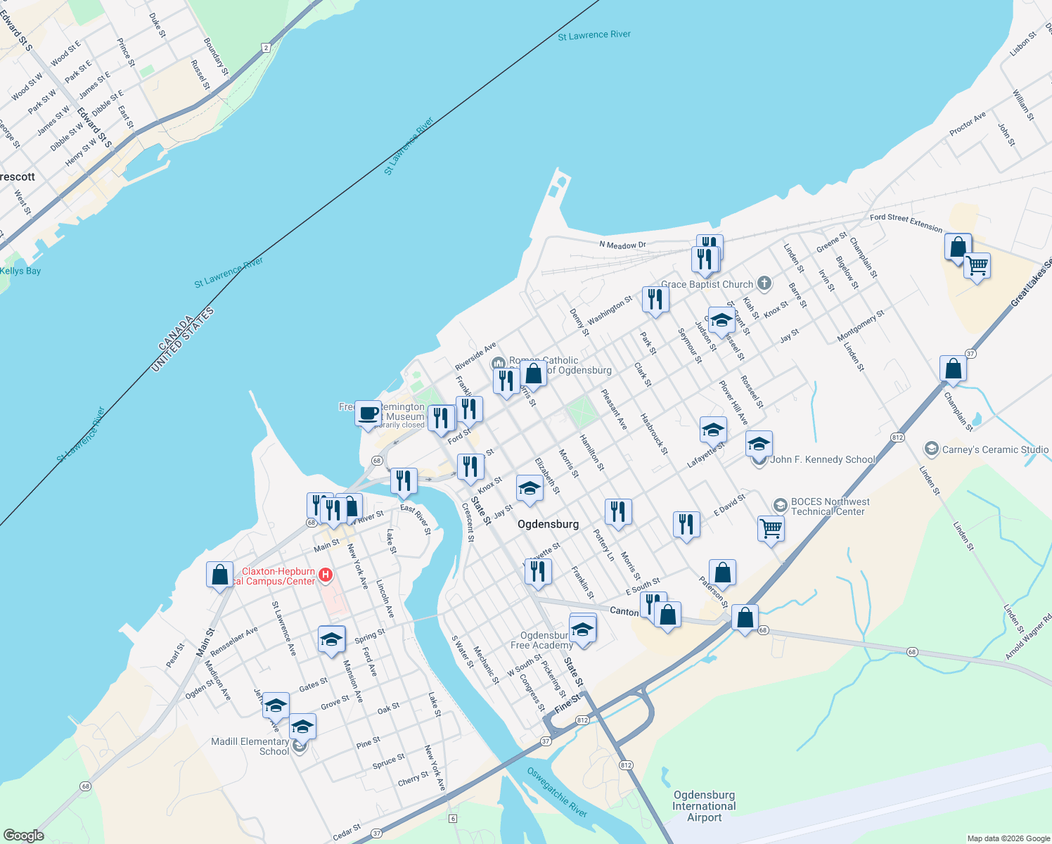 map of restaurants, bars, coffee shops, grocery stores, and more near 612 Greene St in Ogdensburg