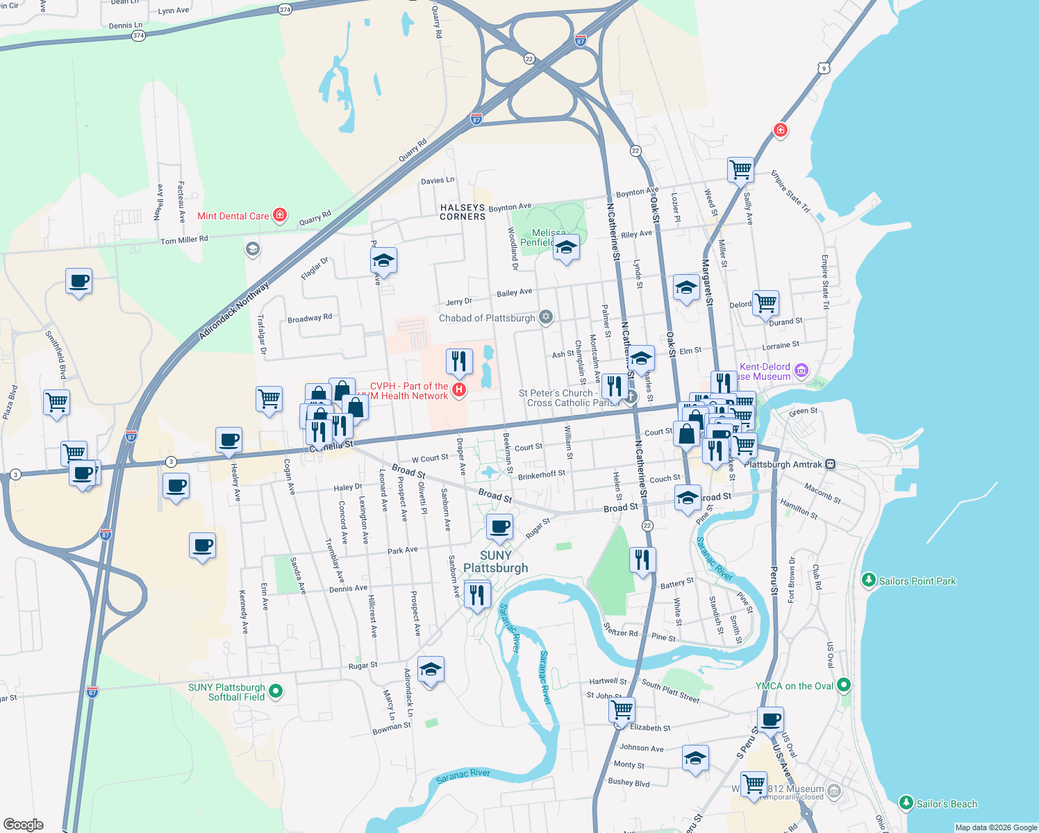 map of restaurants, bars, coffee shops, grocery stores, and more near 186 Cornelia Street in Plattsburgh