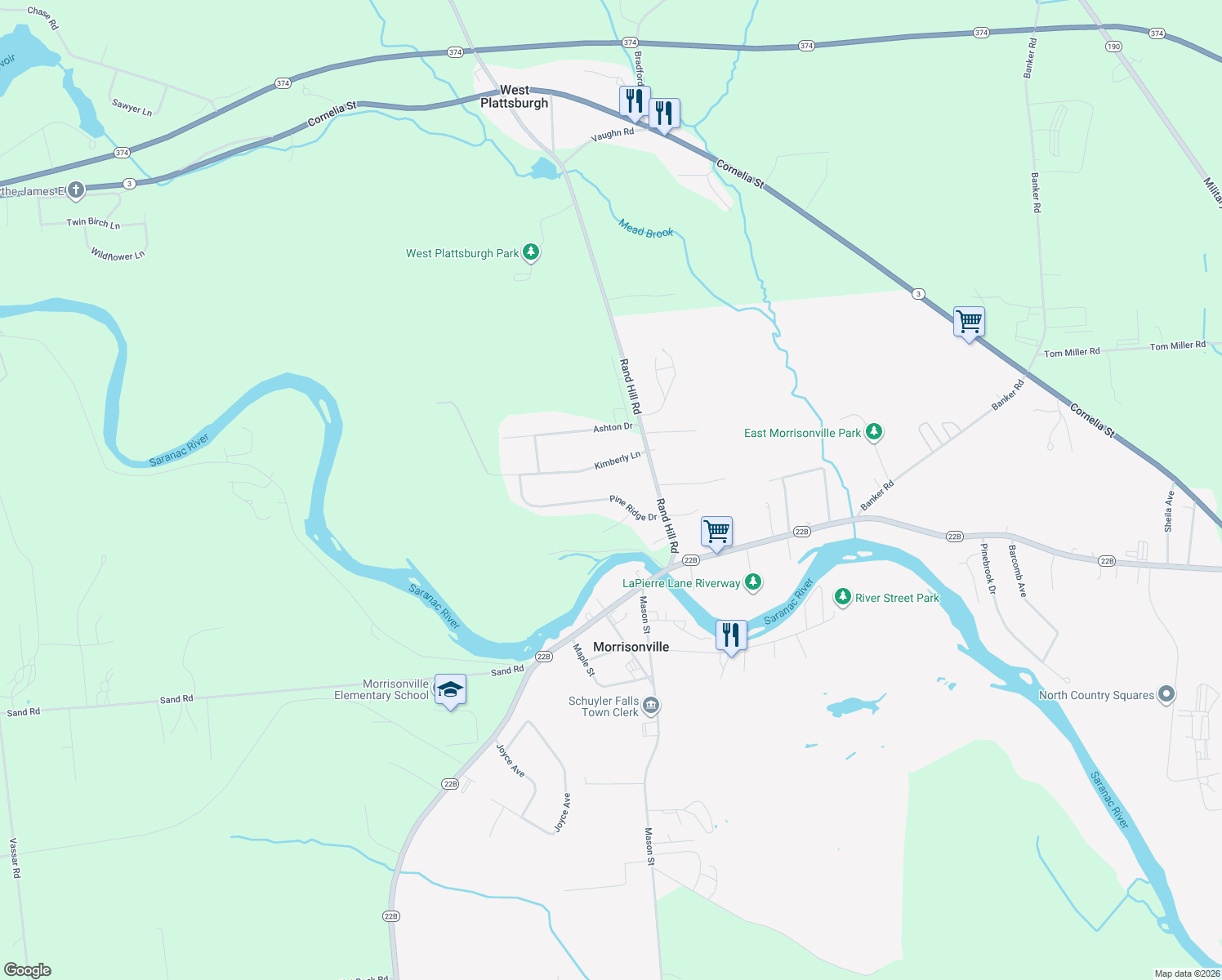 map of restaurants, bars, coffee shops, grocery stores, and more near 18 Pine Ridge Dr in Morrisonville