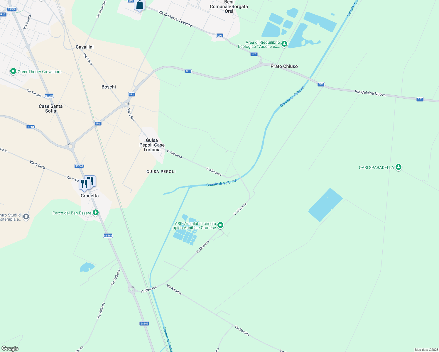 map of restaurants, bars, coffee shops, grocery stores, and more near 850 Via Albaresa in Crevalcore