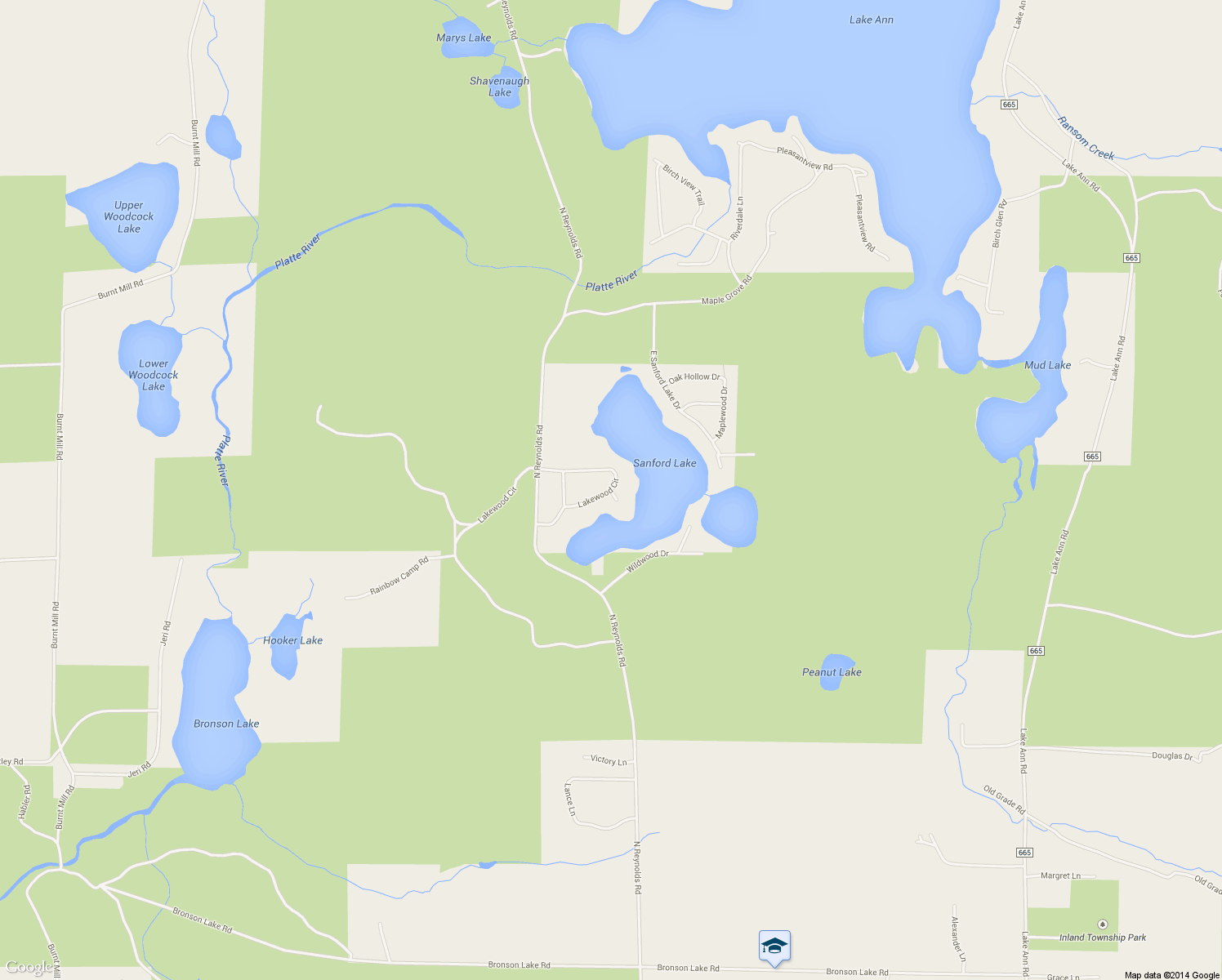 map of restaurants, bars, coffee shops, grocery stores, and more near 18878 Lakewood Circle in Lake Ann