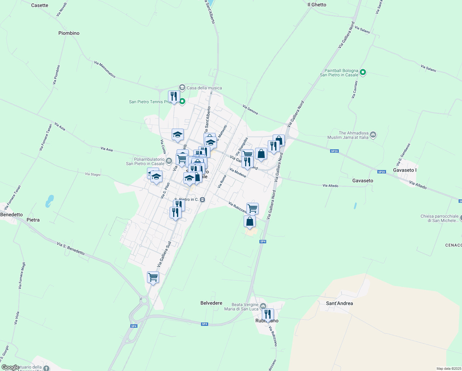 map of restaurants, bars, coffee shops, grocery stores, and more near 127 Via Modena in San Pietro In Casale