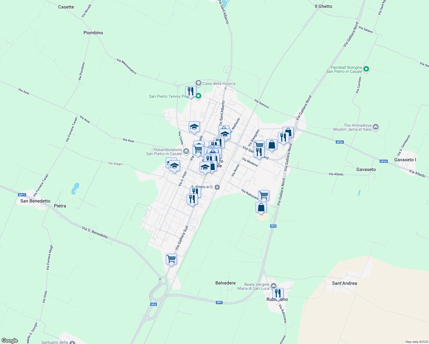 map of restaurants, bars, coffee shops, grocery stores, and more near in San Pietro In Casale