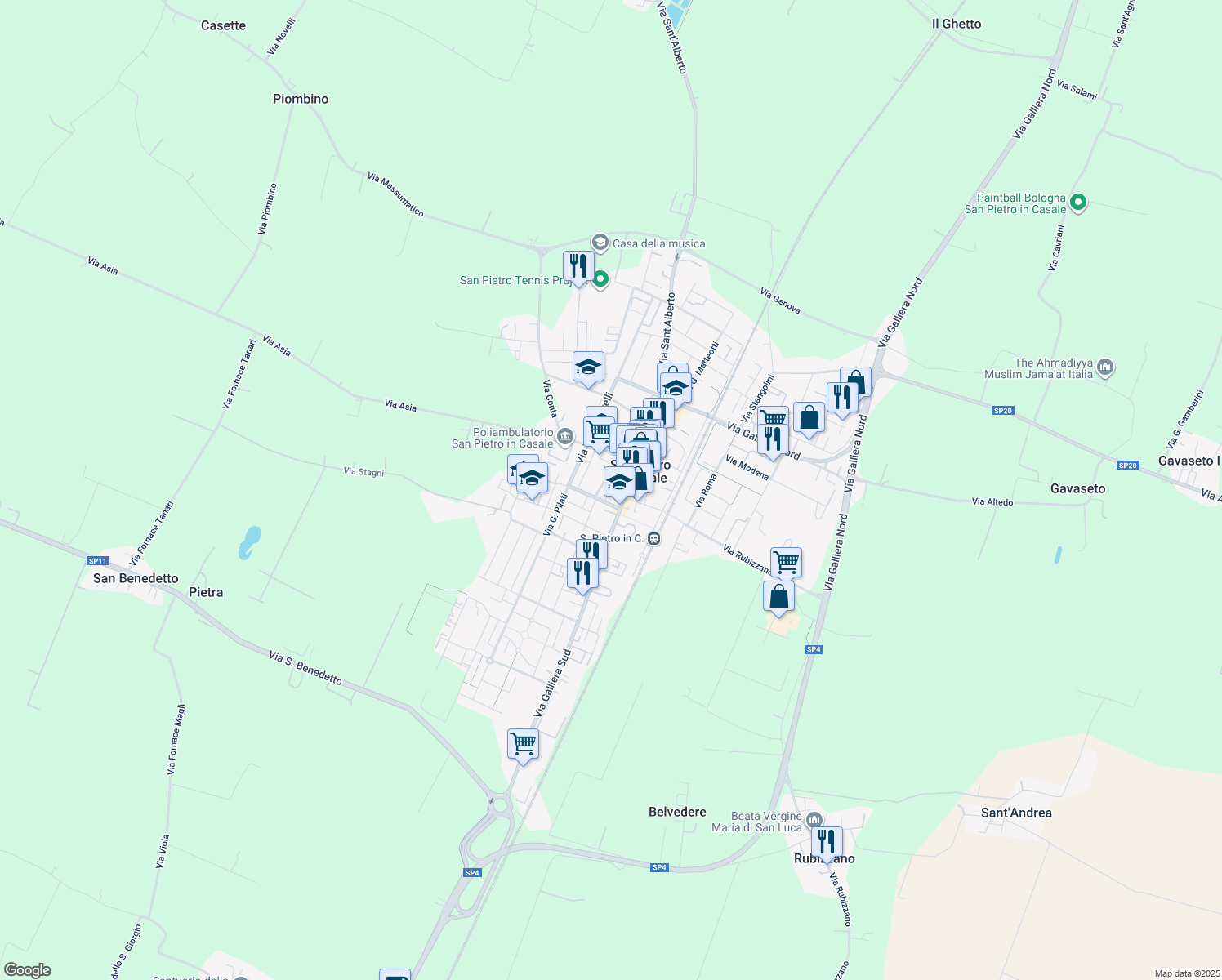 map of restaurants, bars, coffee shops, grocery stores, and more near 22 Via V. Pescerelli in San Pietro In Casale