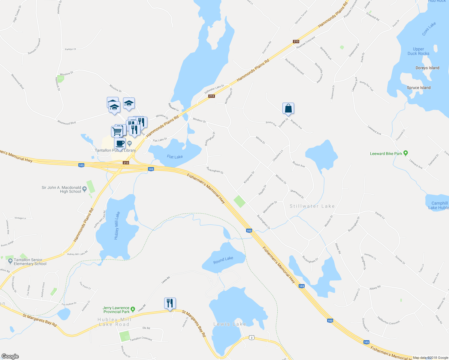 map of restaurants, bars, coffee shops, grocery stores, and more near 139 Buckingham Drive in Stillwater Lake