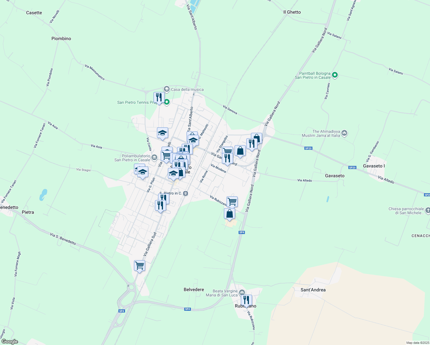 map of restaurants, bars, coffee shops, grocery stores, and more near 127 Via Modena in San Pietro In Casale