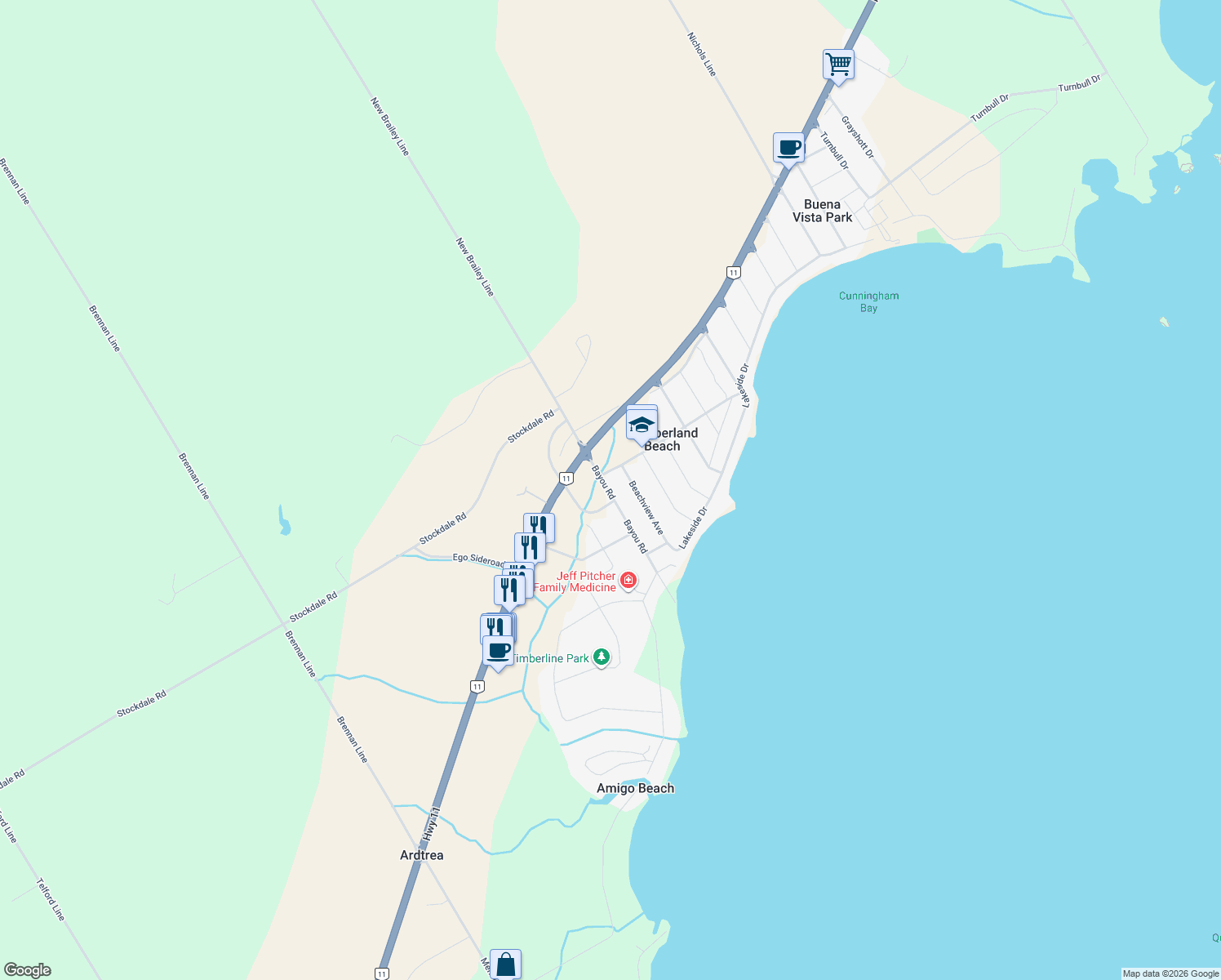 map of restaurants, bars, coffee shops, grocery stores, and more near 3403 Bayou Road in Cumberland Beach