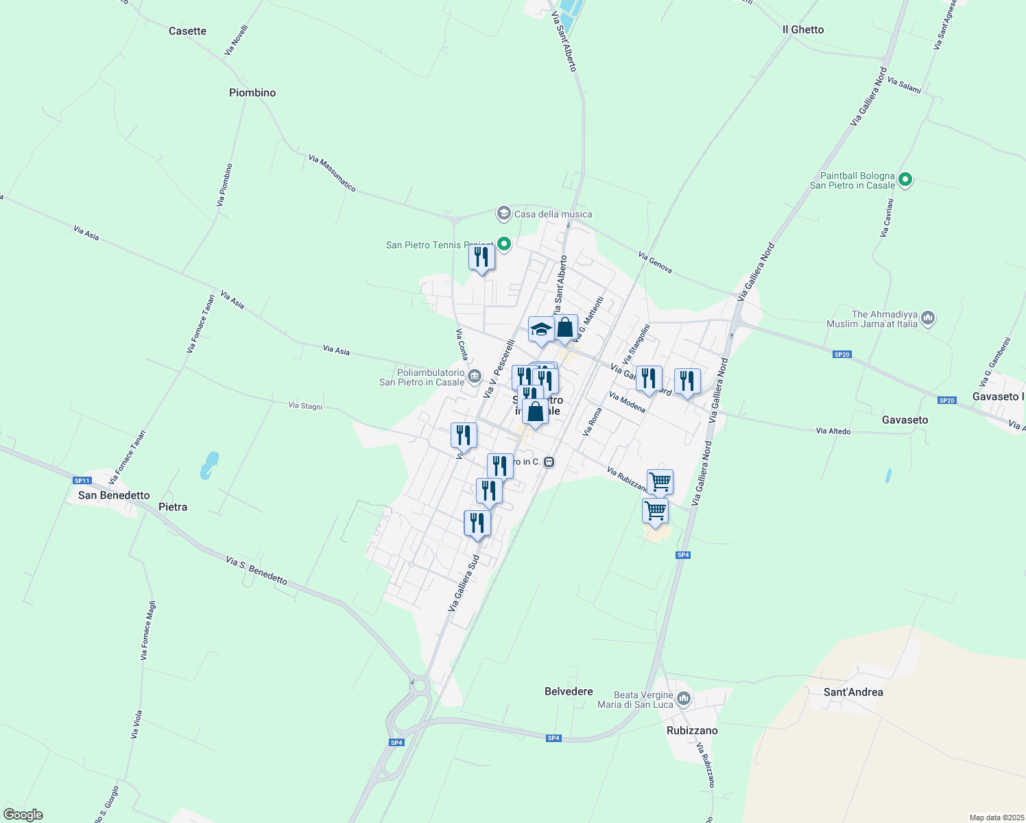 map of restaurants, bars, coffee shops, grocery stores, and more near 22 Via V. Pescerelli in San Pietro In Casale