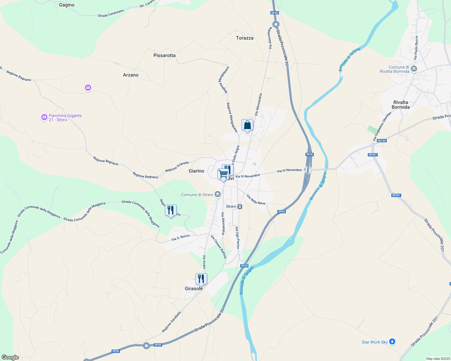 map of restaurants, bars, coffee shops, grocery stores, and more near in Strevi