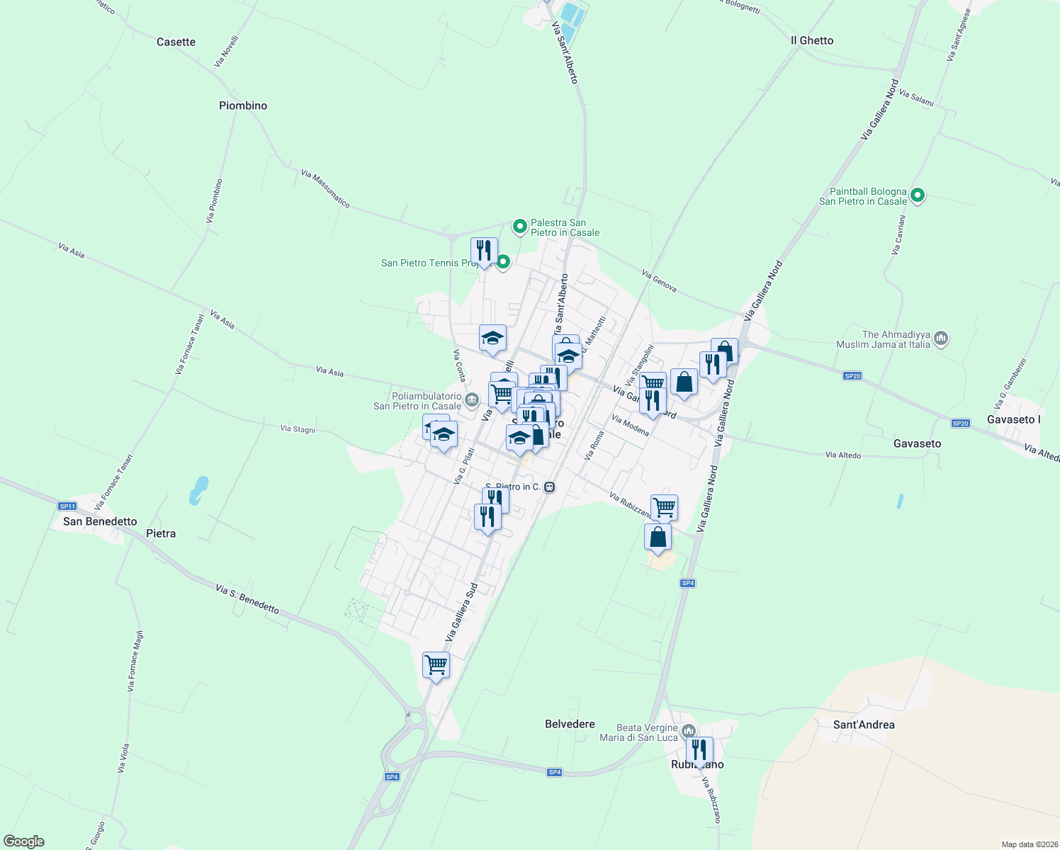 map of restaurants, bars, coffee shops, grocery stores, and more near 22 Via V. Pescerelli in San Pietro In Casale
