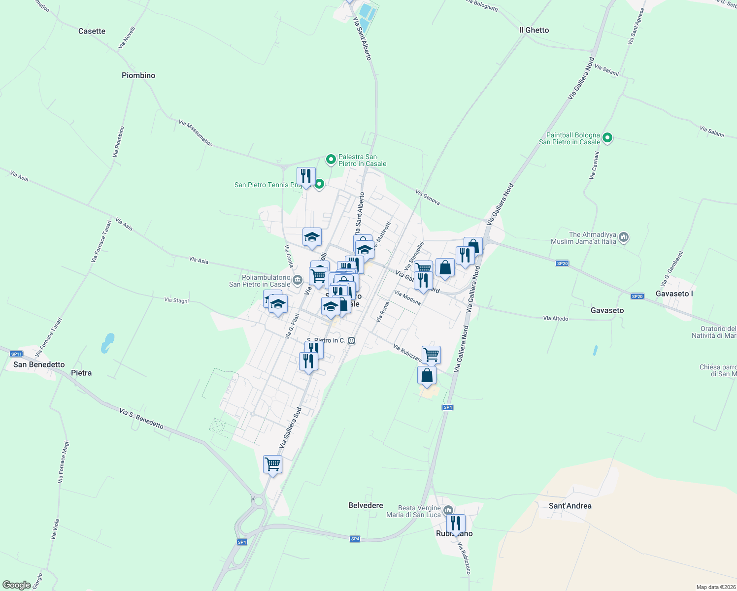 map of restaurants, bars, coffee shops, grocery stores, and more near 15 Via Filippo Corridoni in San Pietro In Casale