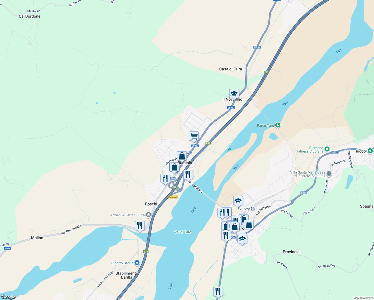 map of restaurants, bars, coffee shops, grocery stores, and more near 57 Via Solferino in Ramiola