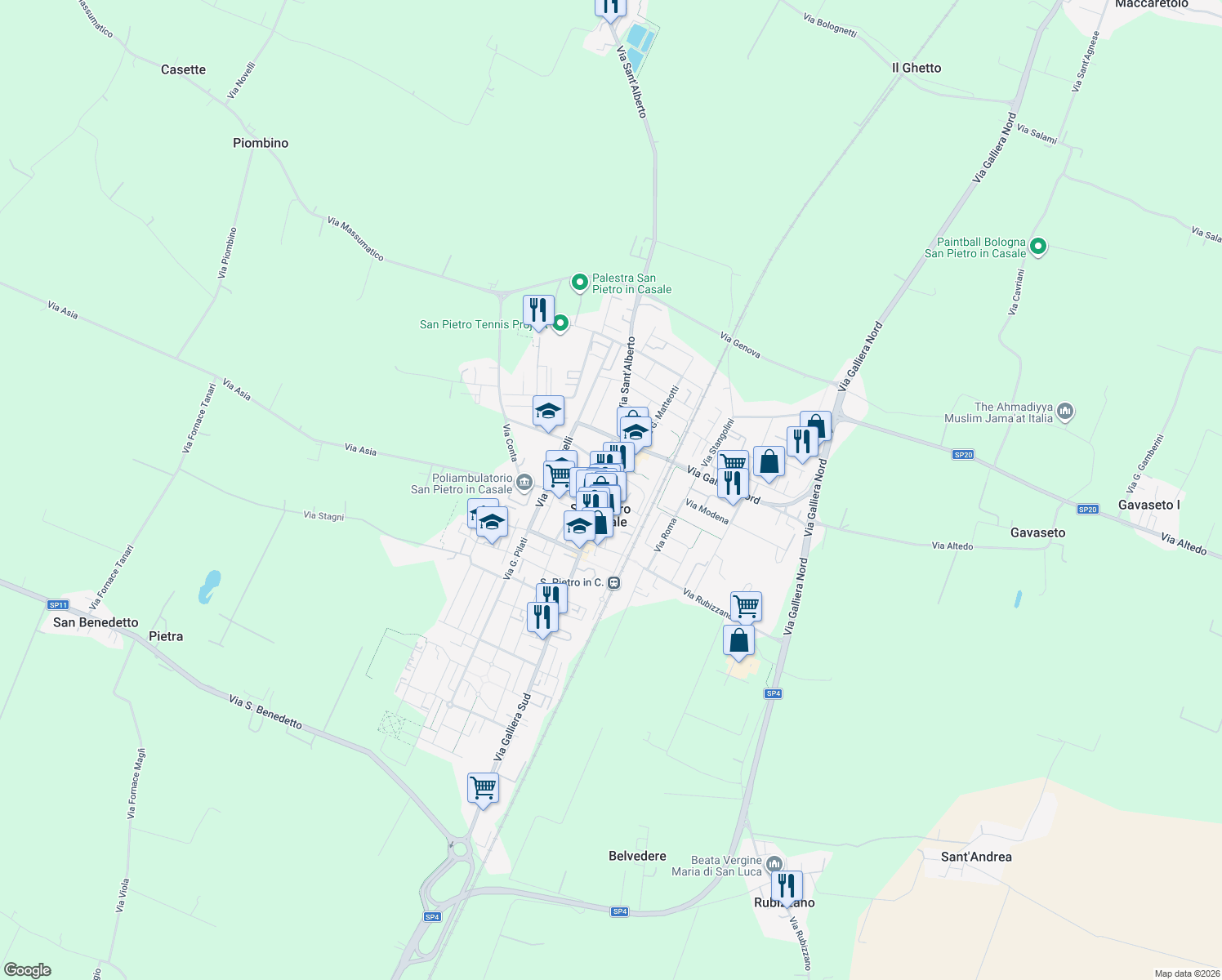 map of restaurants, bars, coffee shops, grocery stores, and more near 148 Via Giacomo Matteotti in San Pietro In Casale