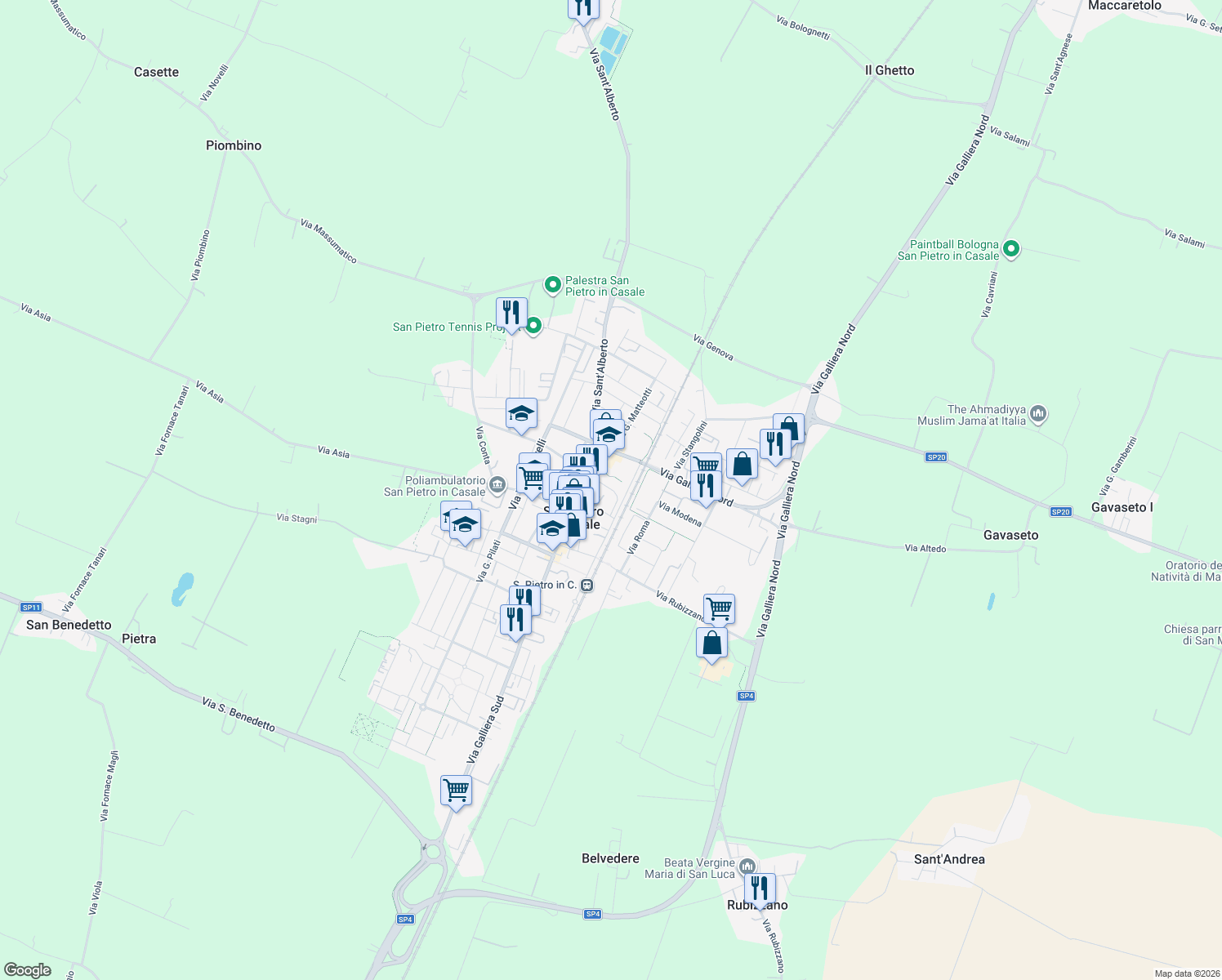 map of restaurants, bars, coffee shops, grocery stores, and more near 15 Via Filippo Corridoni in San Pietro In Casale