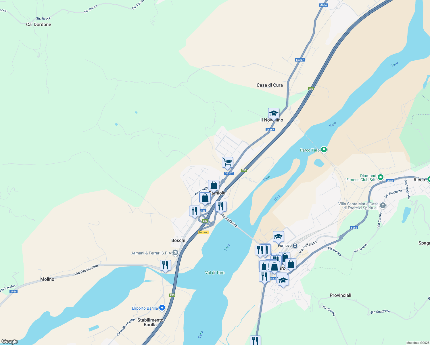 map of restaurants, bars, coffee shops, grocery stores, and more near 57 Via Solferino in Ramiola