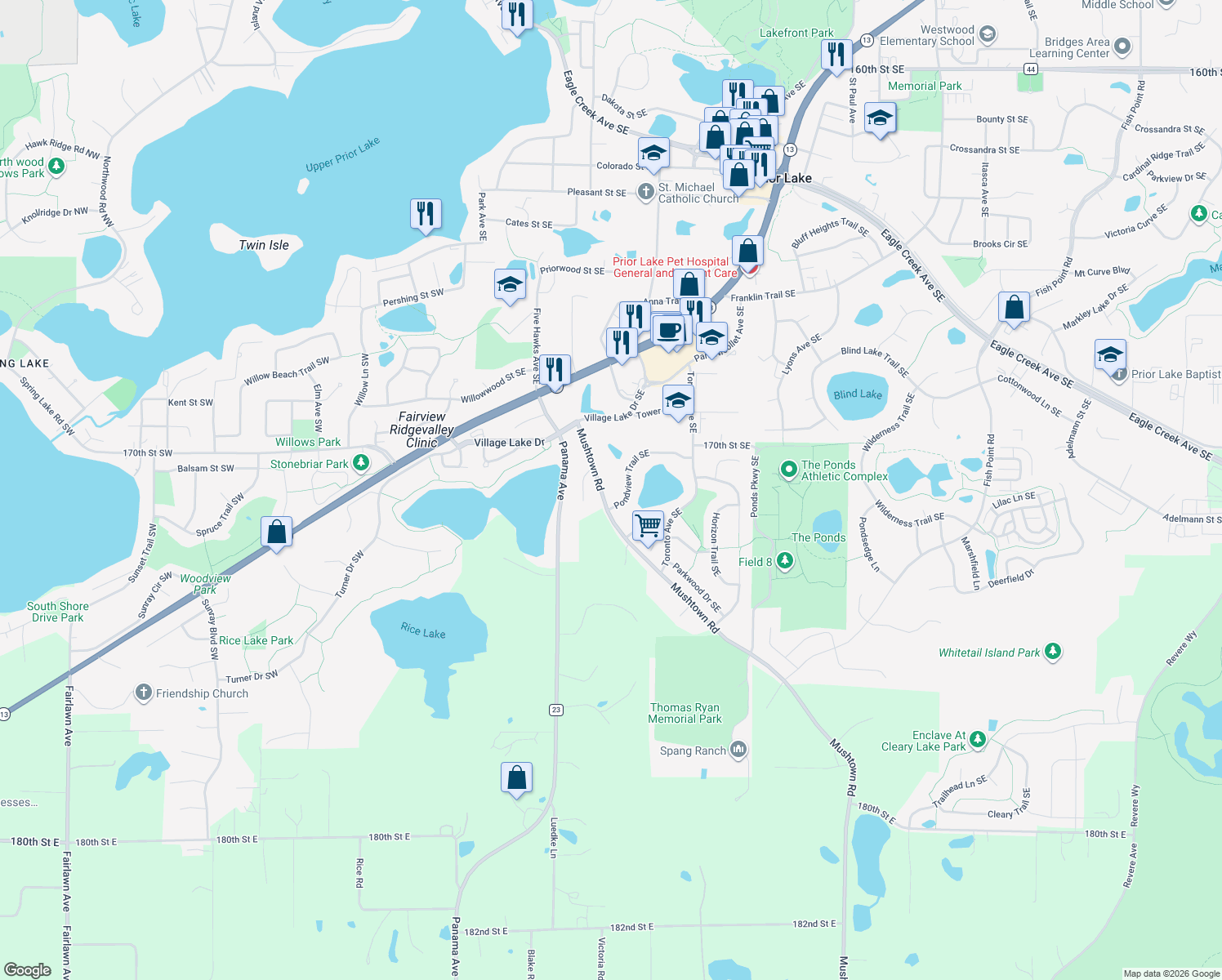 map of restaurants, bars, coffee shops, grocery stores, and more near 17121 Mushtown Road in Prior Lake