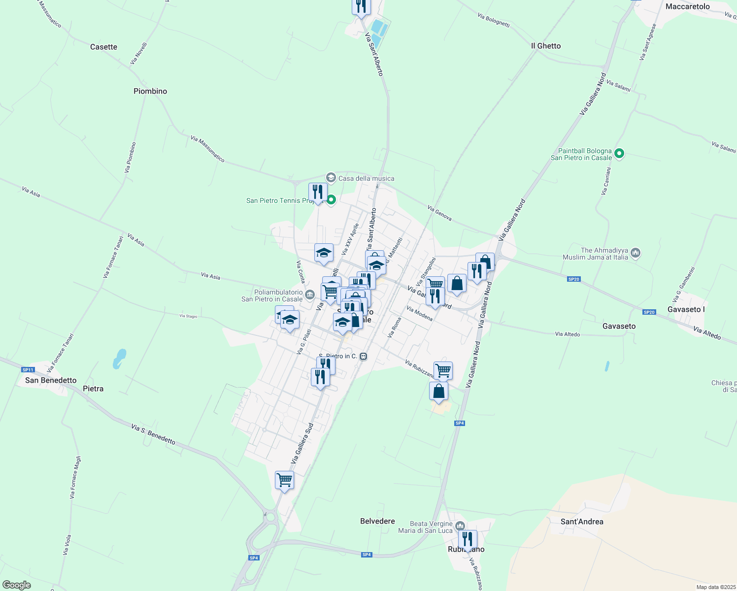 map of restaurants, bars, coffee shops, grocery stores, and more near 148 Via Giacomo Matteotti in San Pietro In Casale