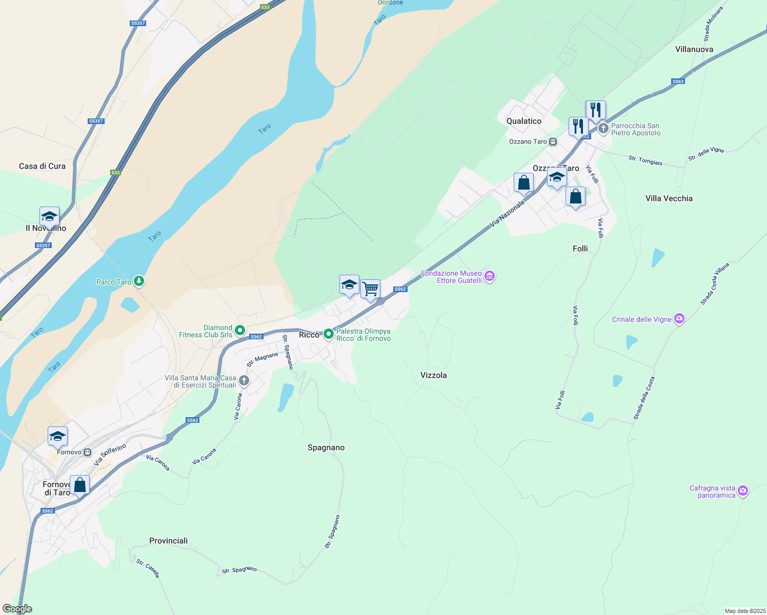 map of restaurants, bars, coffee shops, grocery stores, and more near 107 Strada della Cisa in Riccò