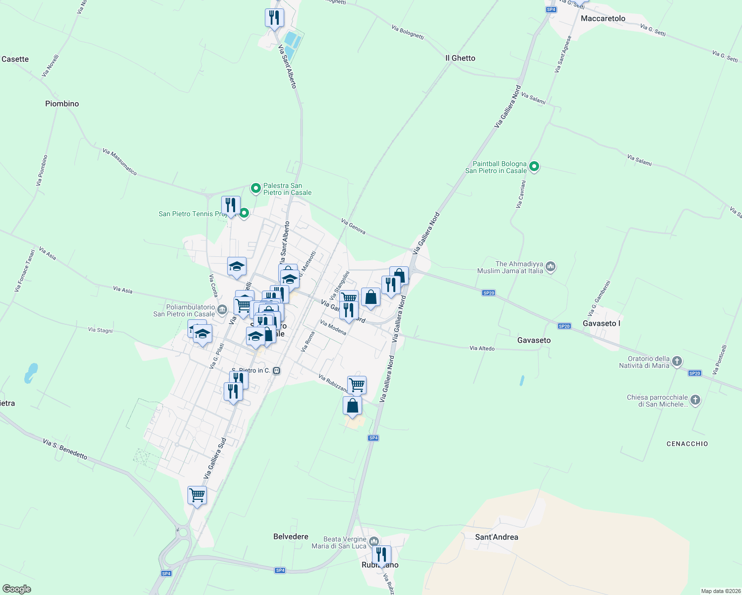 map of restaurants, bars, coffee shops, grocery stores, and more near 22 Via Antonio Gramsci in San Pietro In Casale